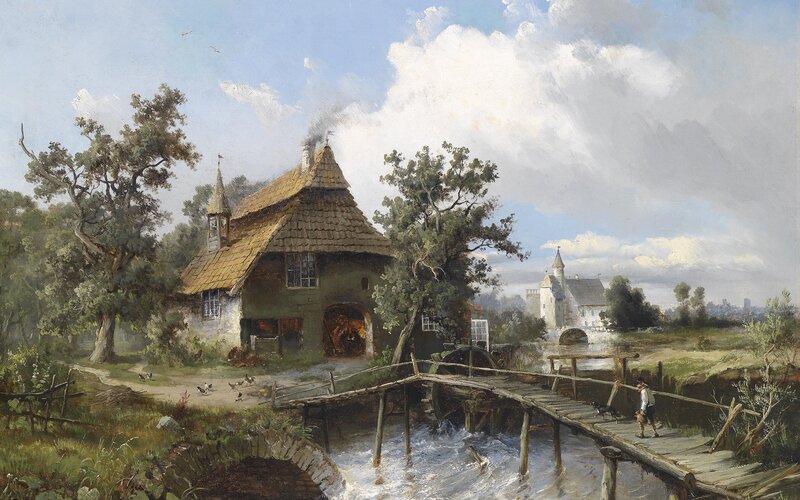 Mill by a River — Blue, Serene