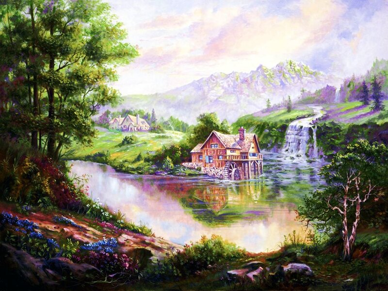 Mill by a River — Green, Serene, Afternoon, Painting