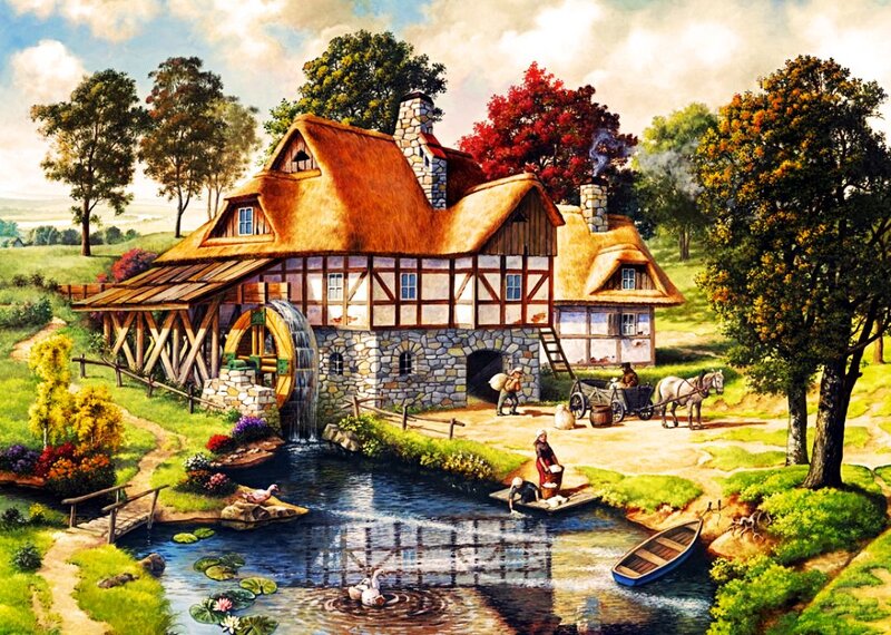 Mill by a River — Green, Serene, Afternoon
