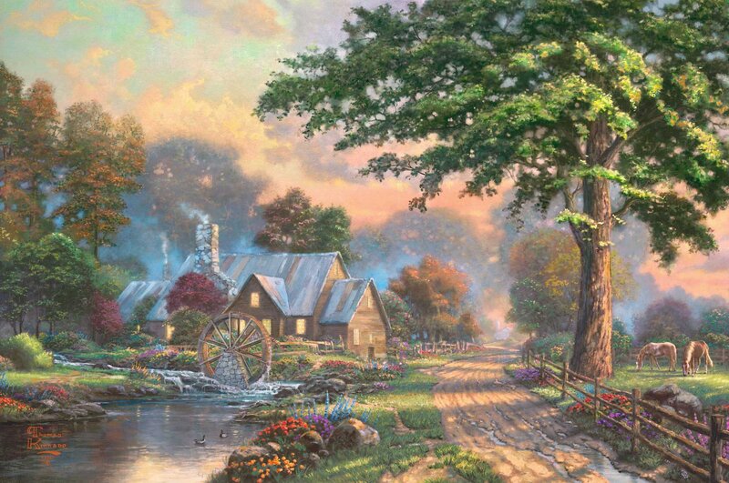 Mill by a River — Green, Serene, Sunset, Painting