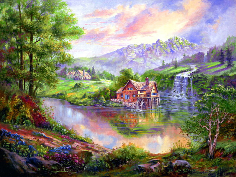 Mill by a River — Green, Serene, Sunset