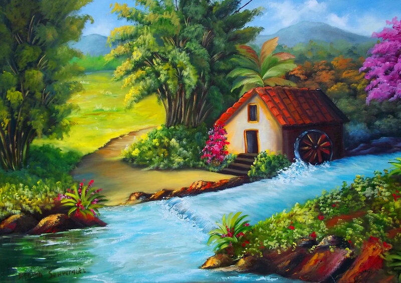 Mill by a River — Green, Serene