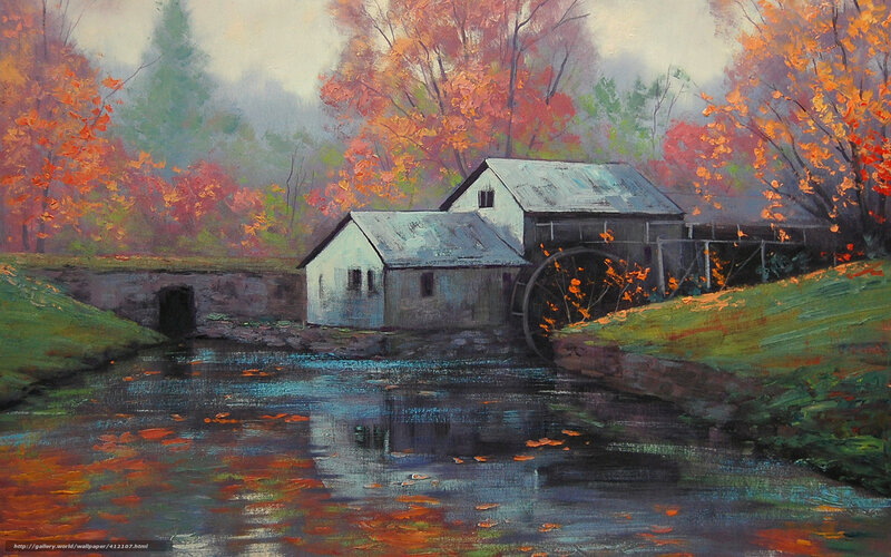 Mill by a River — Orange, Serene, Autumn