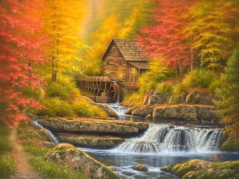 Mill by a Stream — Red, Serene