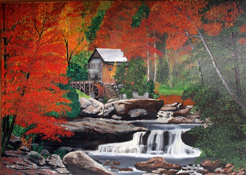 Mill by a Stream — Red