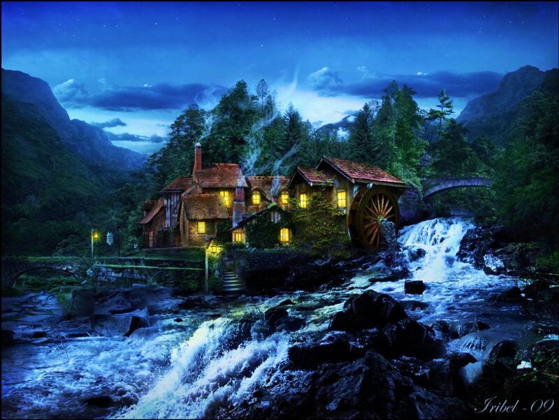 Mill by a Waterfall — Blue