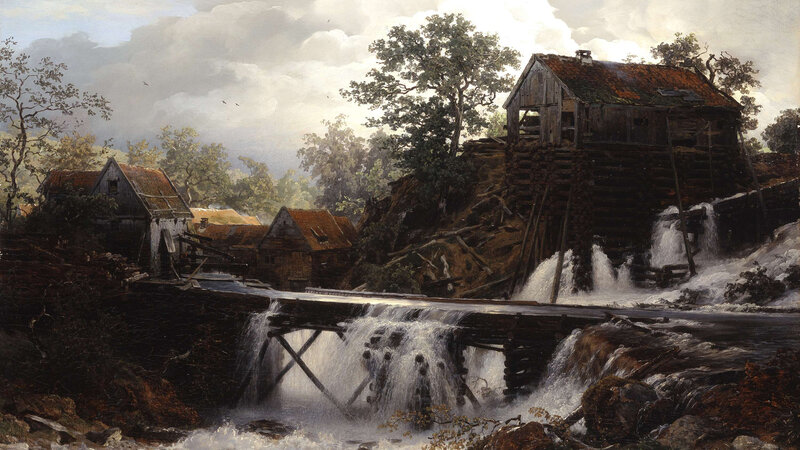 Mill by a Waterfall — Brown