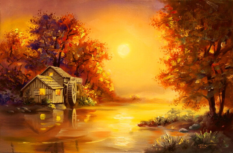 Mill by River at Sunset