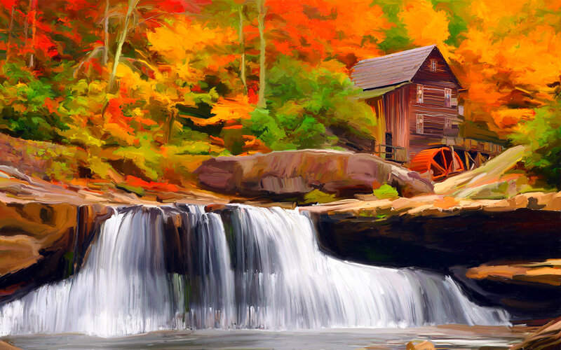 Mill by Waterfall — Orange, Serene