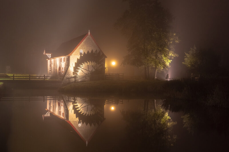 Mill in Fog at Night