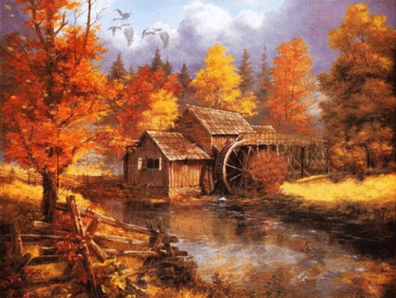 Mill with Water Wheel — Orange