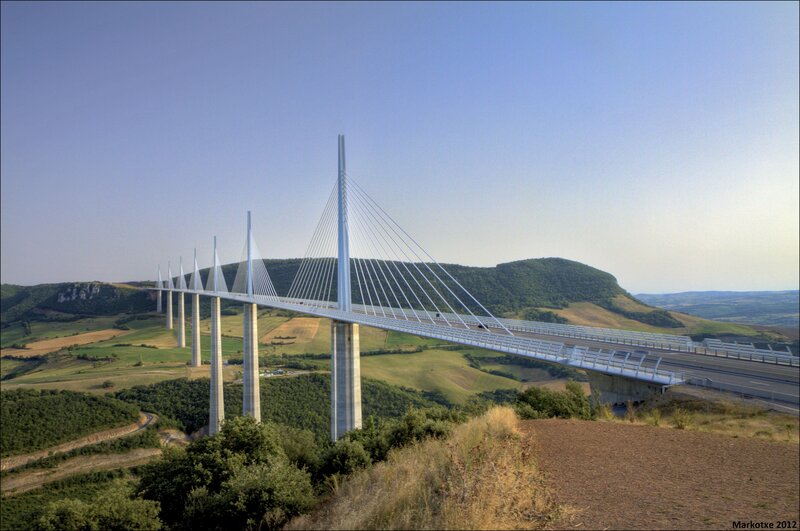 Millau Viaduct Bridge — Blue, Serene, Afternoon, Photograph, Hills, Sky, Green