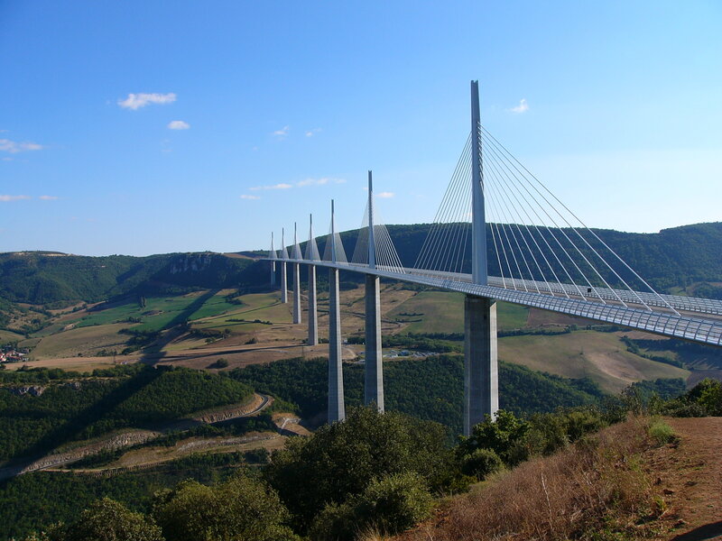 Millau Viaduct Bridge — Blue, Serene, Afternoon, Photograph, Hills