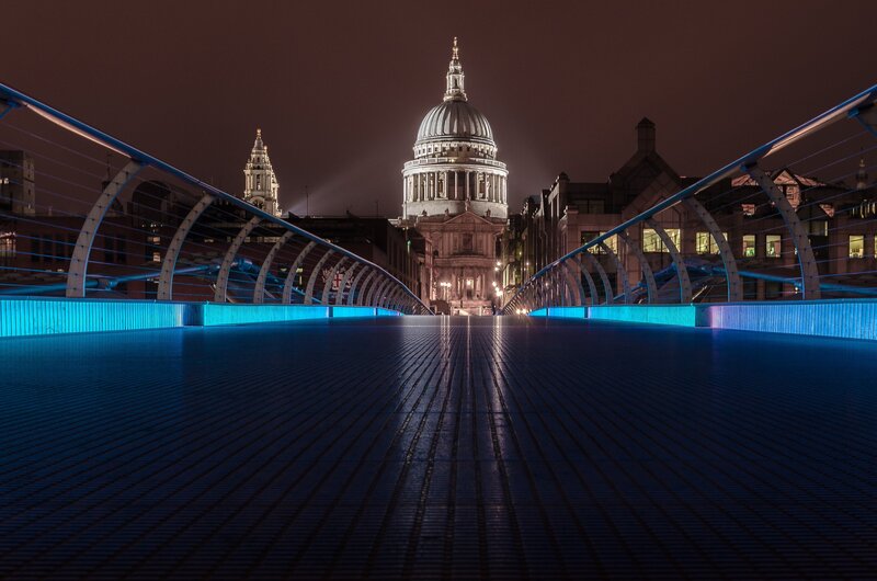 Millennium Bridge at Night — Blue, Dramatic, Photograph, St Paul's Cathedral, City Lights