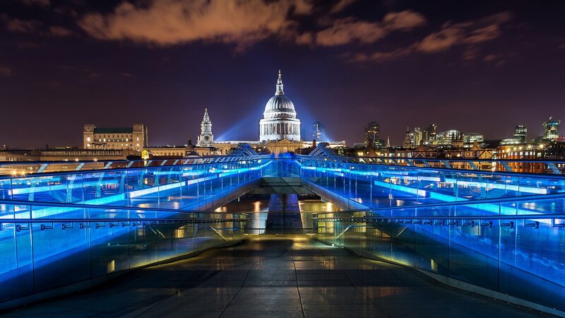 Millennium Bridge at Night — Blue, Dramatic, Photograph, St Paul's Cathedral, City Skyline