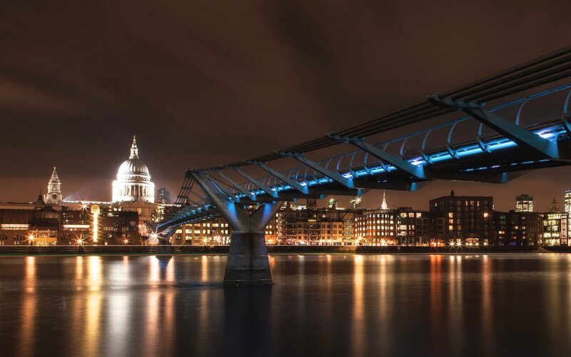 Millennium Bridge at Night — Blue, Dramatic, Photograph, St Paul's Cathedral, River, City Skyline, Black