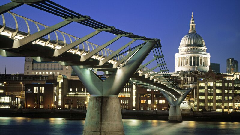 Millennium Bridge at Night — Blue, Serene, Photograph