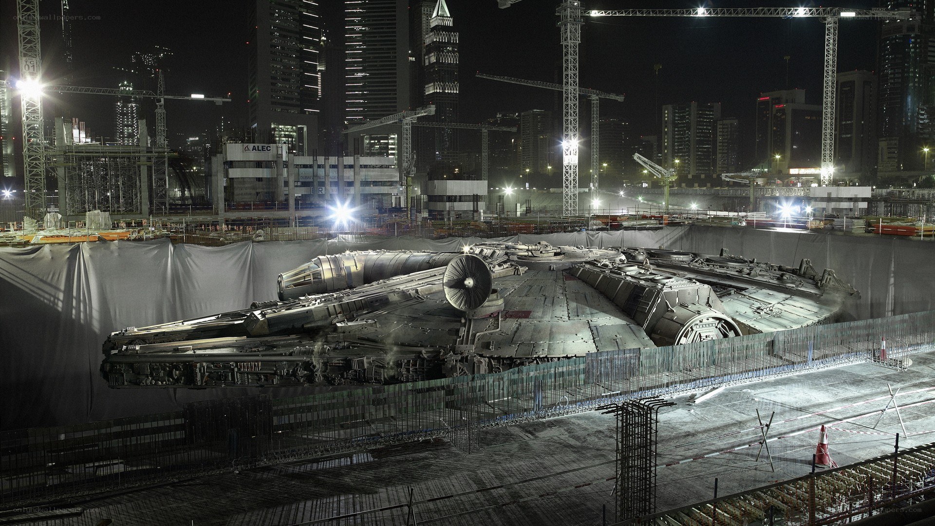Millennium Falcon at construction site