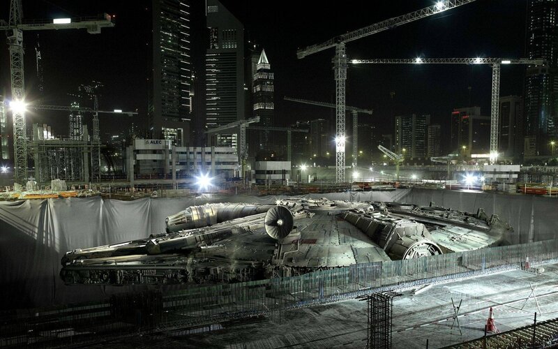 Millennium Falcon Model — Black, Dramatic, Night, Photograph, Construction Site, Cranes, Skyscrapers