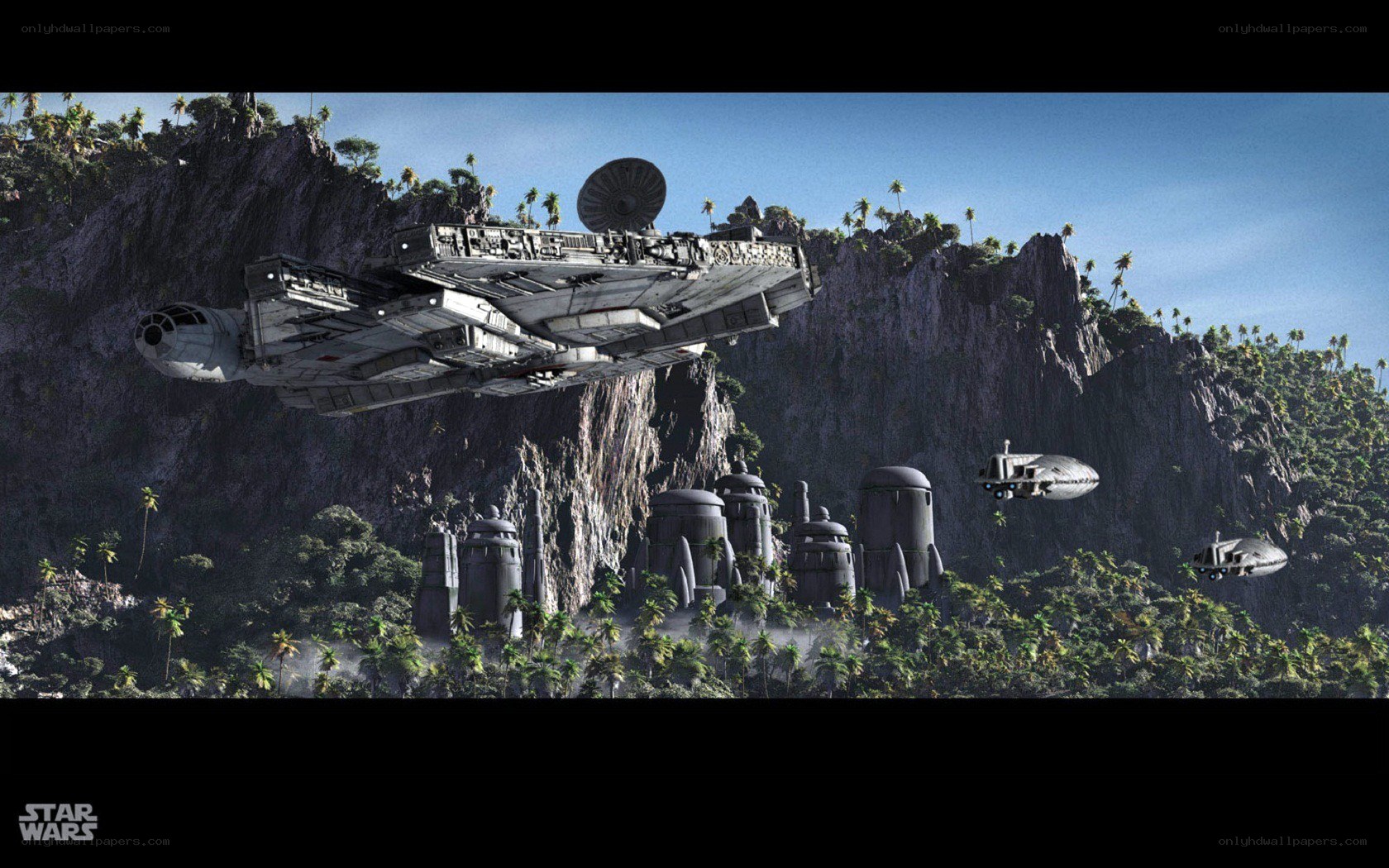 Millennium Falcon over a jungle planet