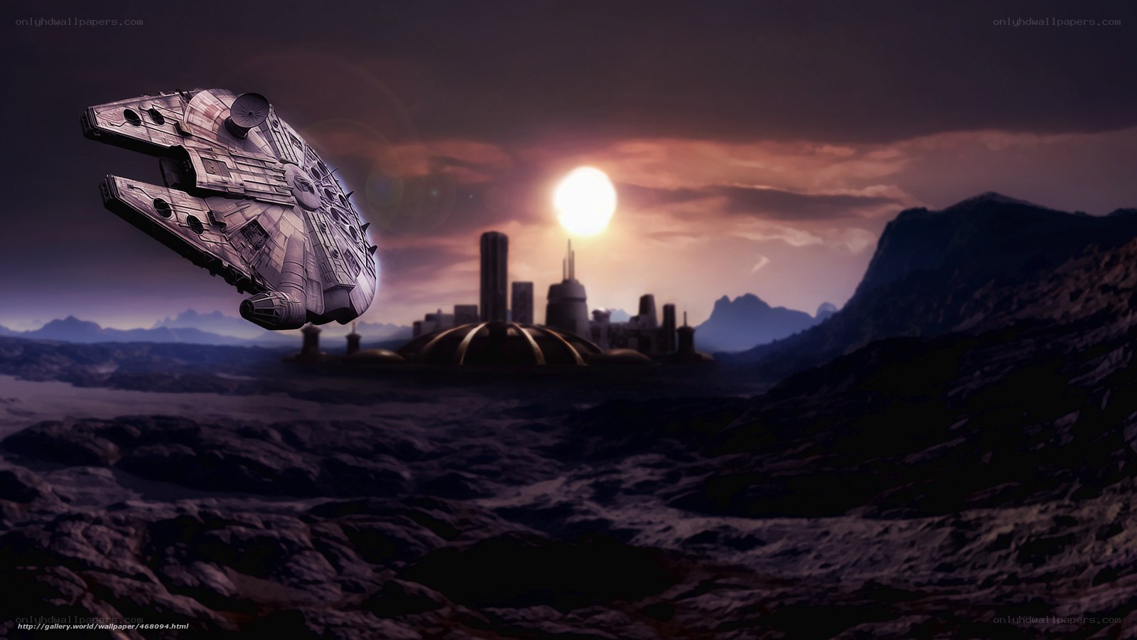 Millennium Falcon over alien city
