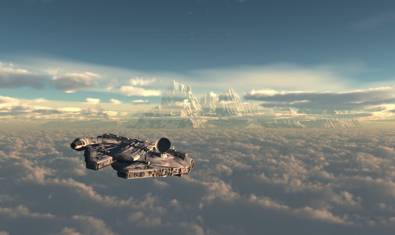 Millennium Falcon over clouds