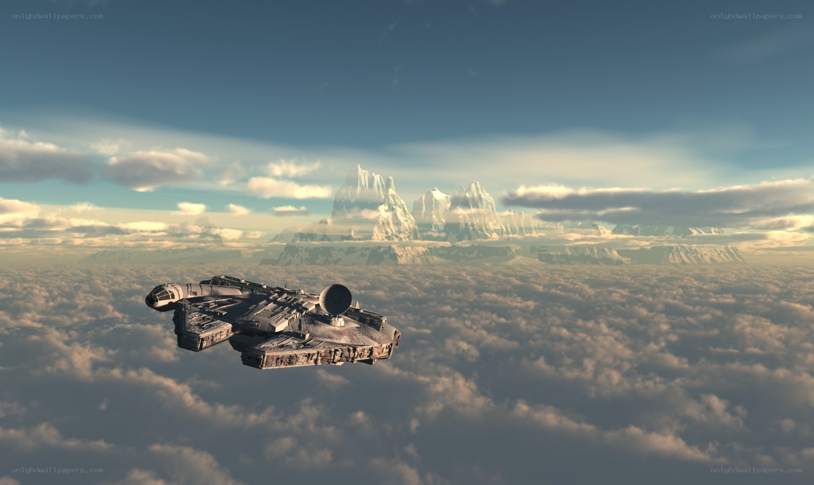 Millennium Falcon over clouds
