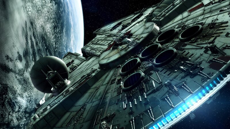Millennium Falcon Spacecraft — Gray, Dramatic, Digital Art, Planet