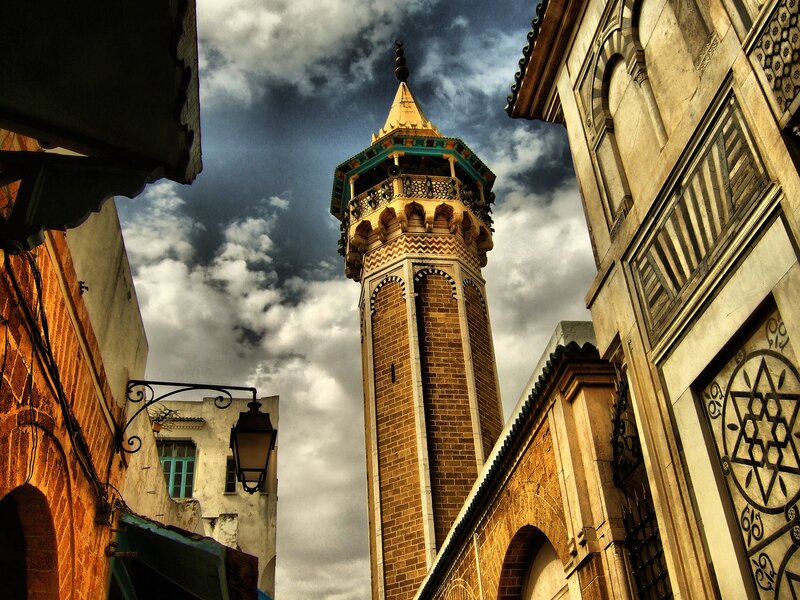 minaret in a narrow alley
