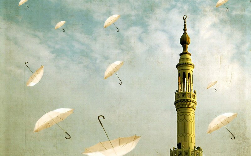Minaret with Floating Umbrellas