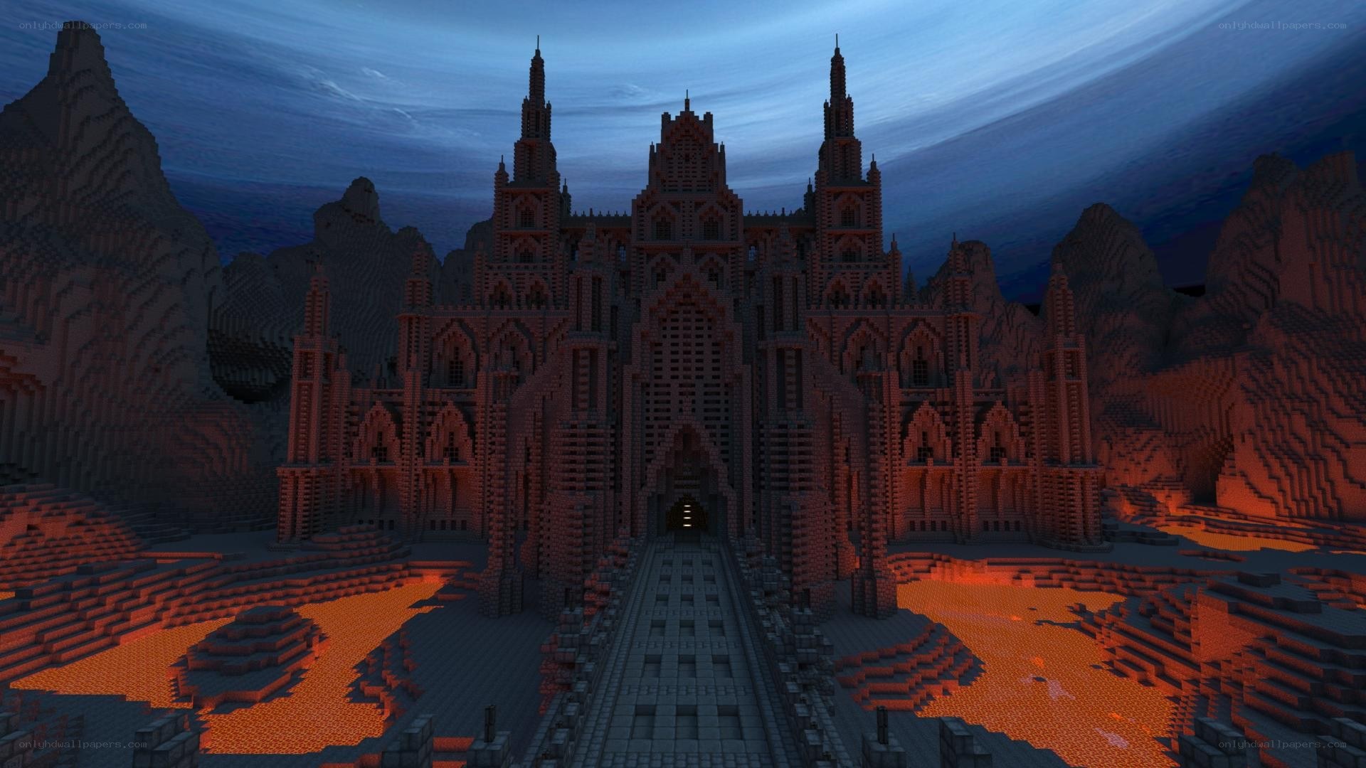 Minecraft castle at dusk
