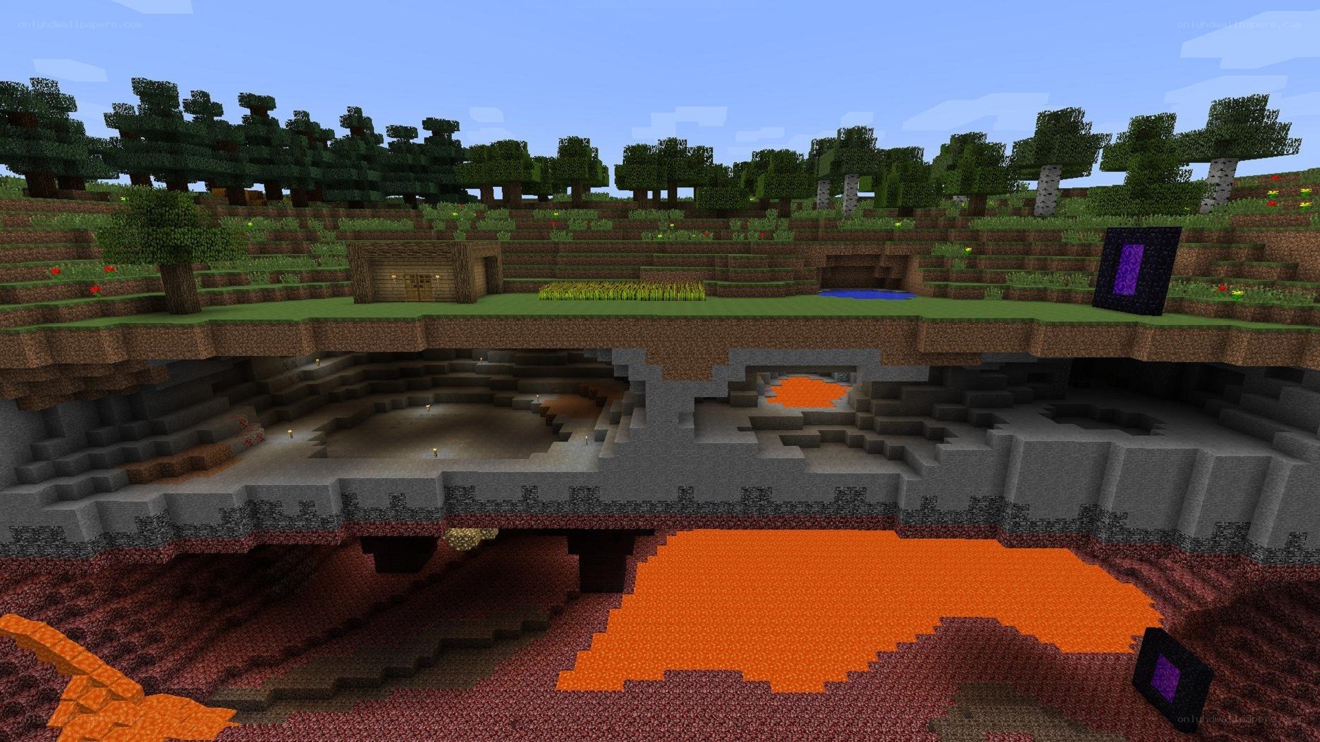 Minecraft cave with lava and portals