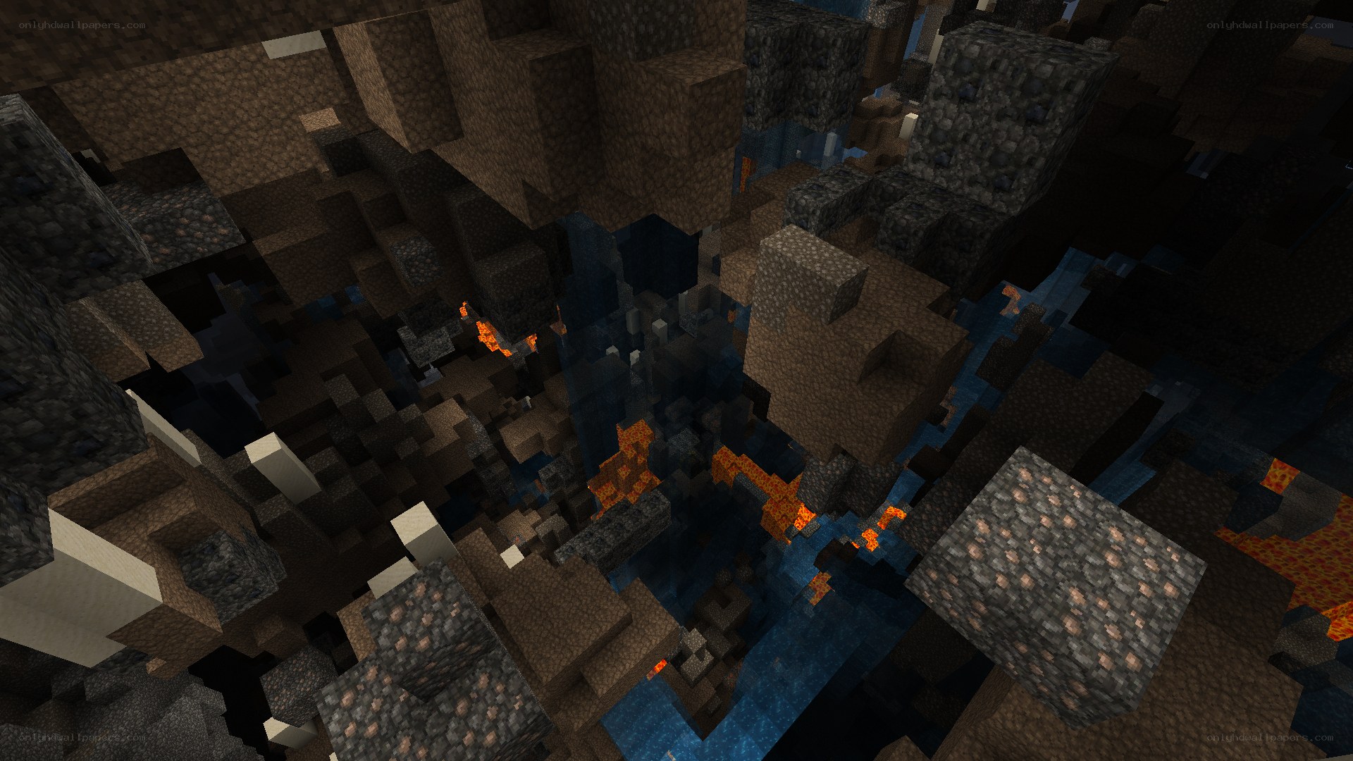 Minecraft cave with lava and water