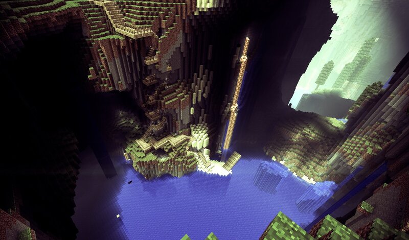 Minecraft cave with waterfall