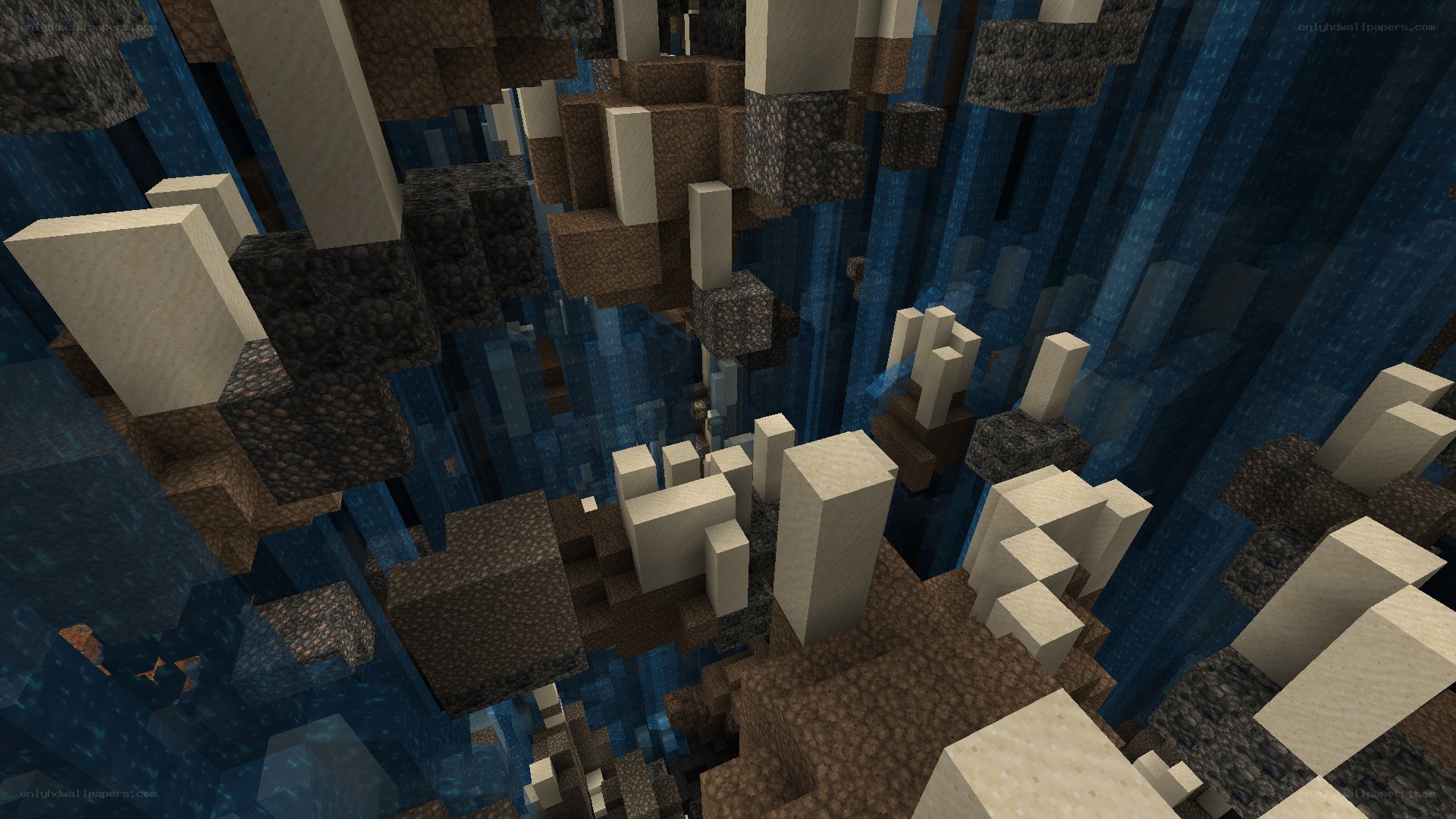 Minecraft cave with waterfalls