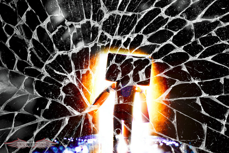 Minecraft character behind shattered glass
