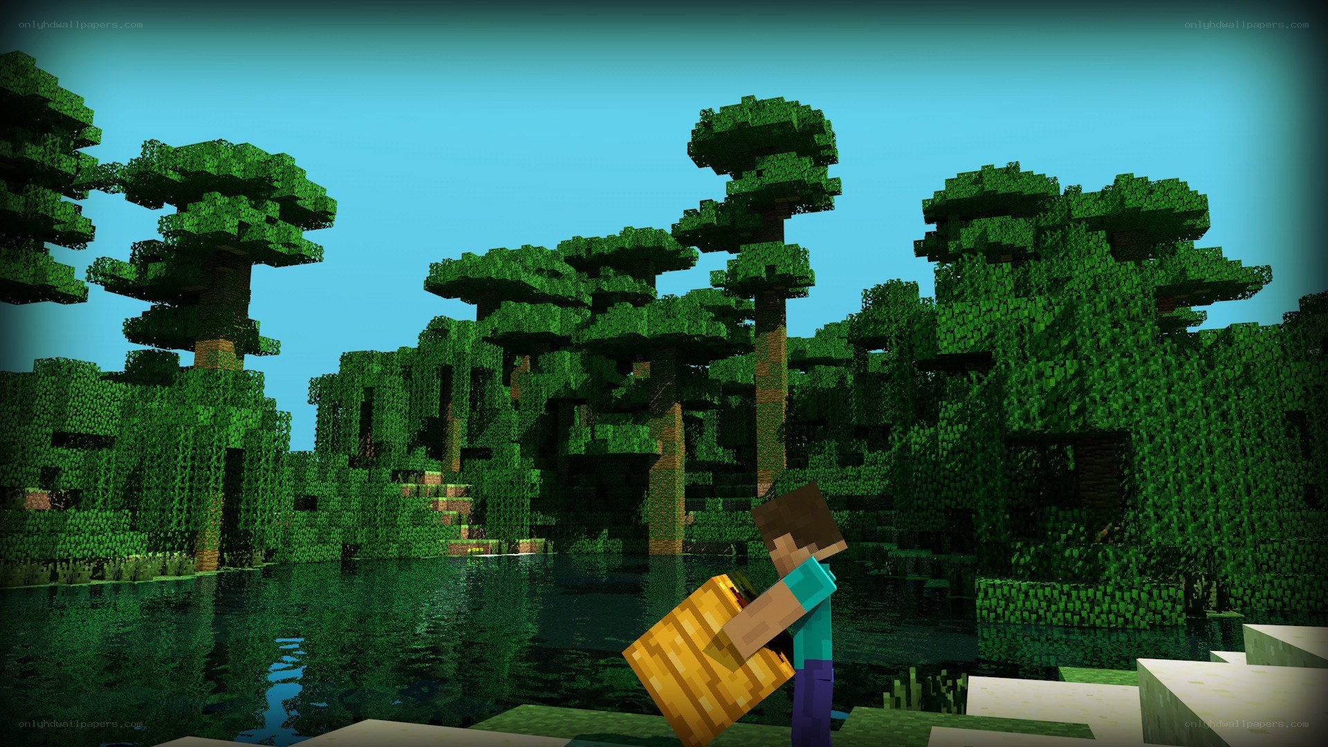 Minecraft character by a lake