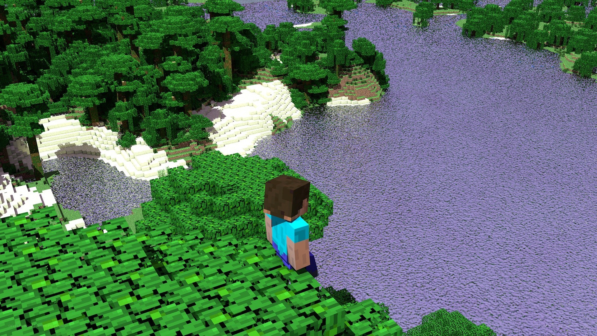 Minecraft character by purple lake