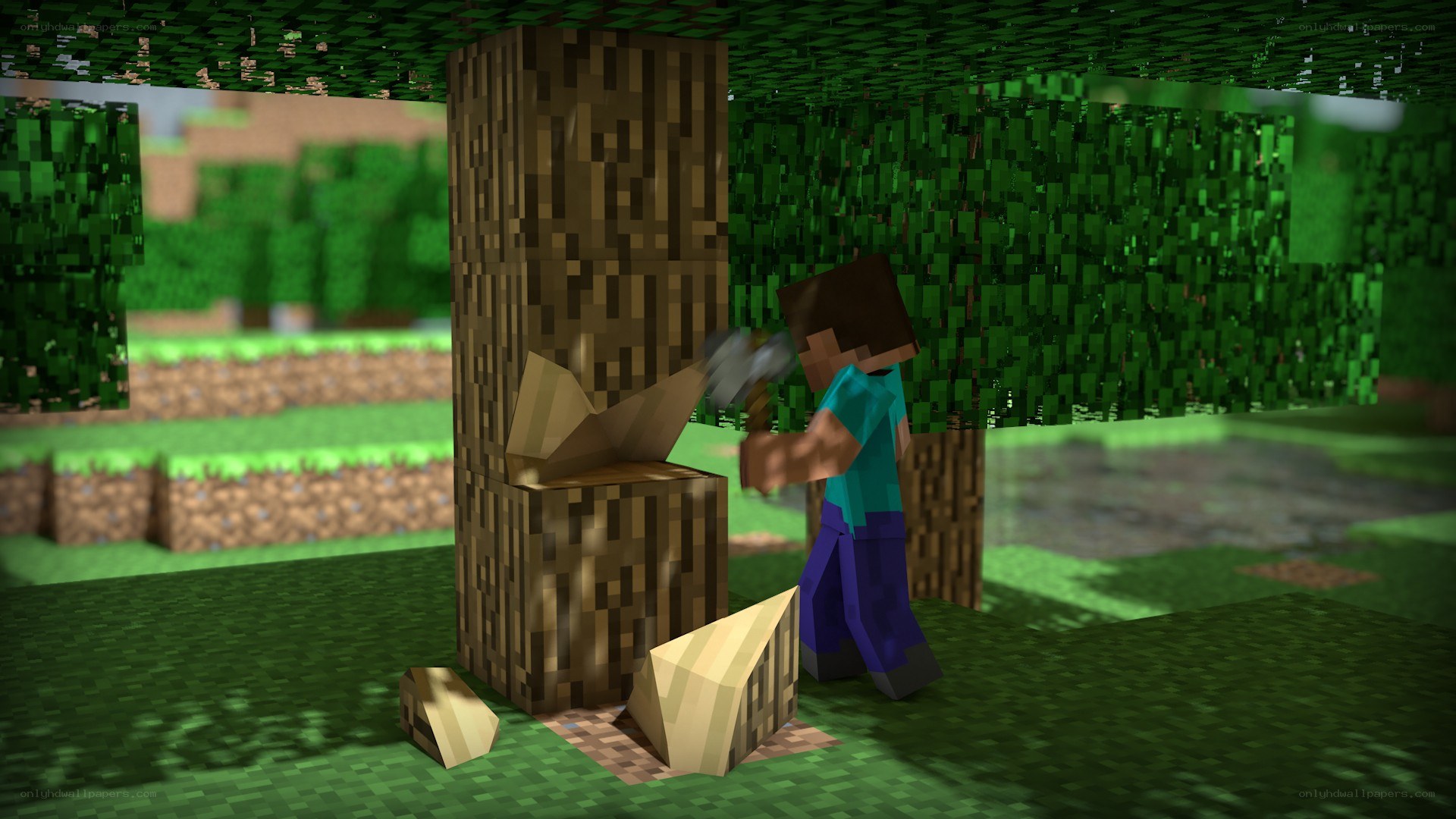 Minecraft character chopping wood