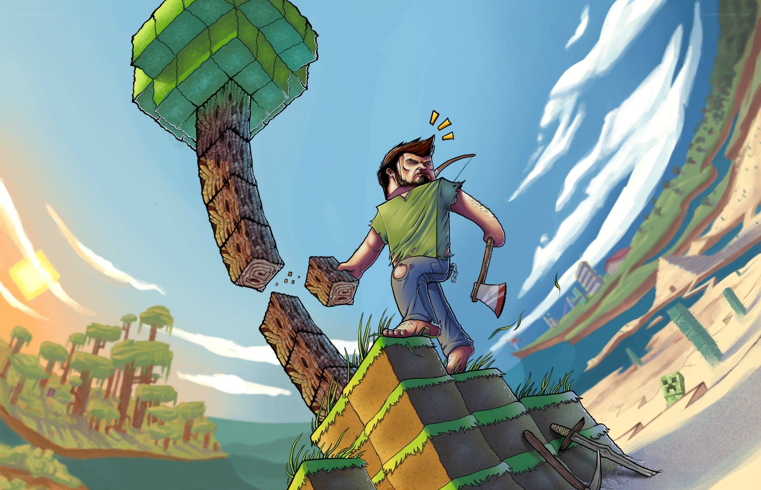 Minecraft character chopping wood