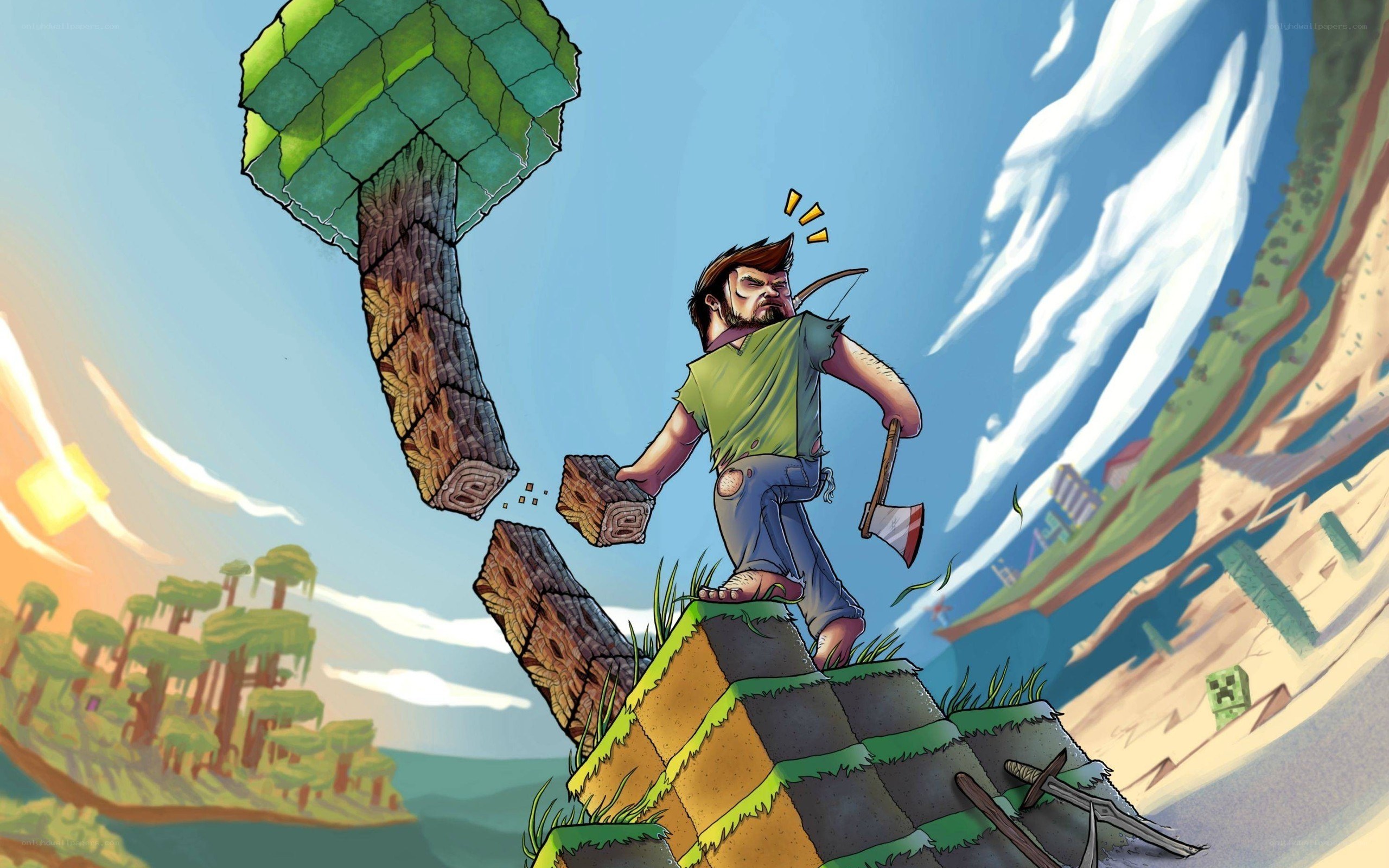 Minecraft character chopping wood
