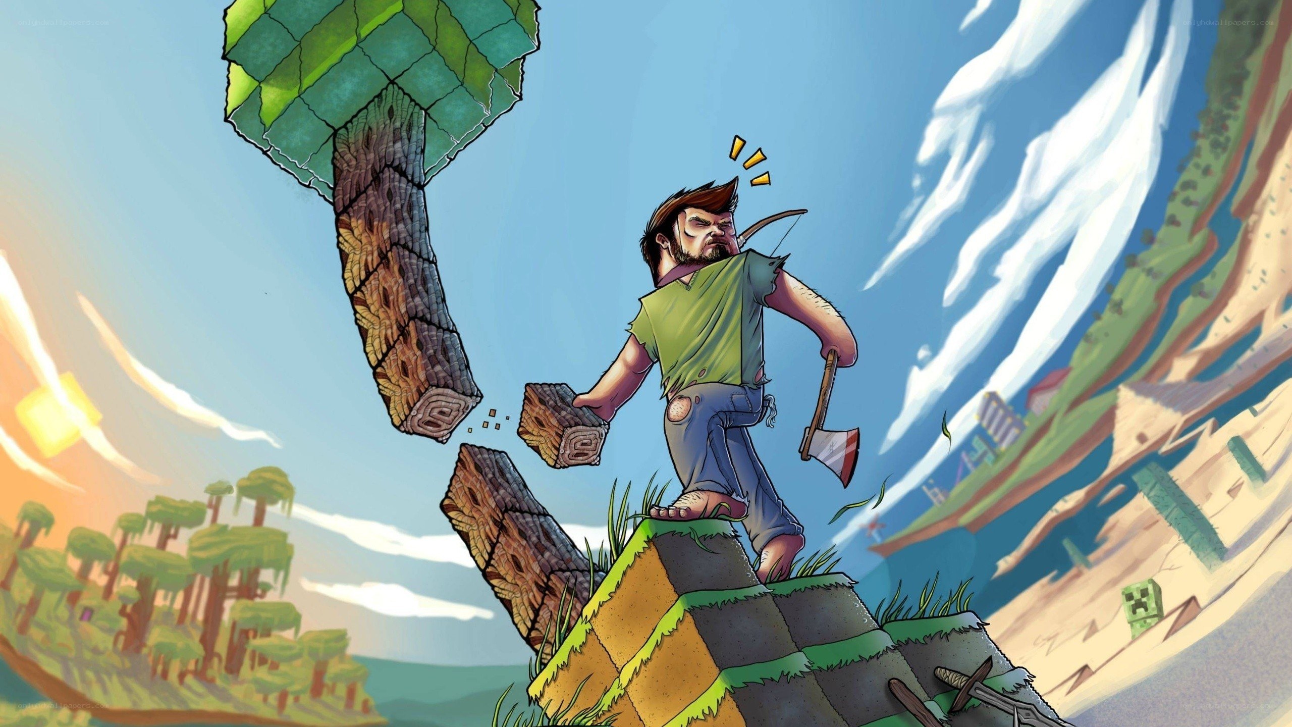 Minecraft character chopping wood