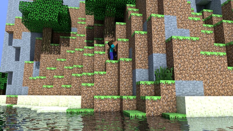 Minecraft character climbing cliff