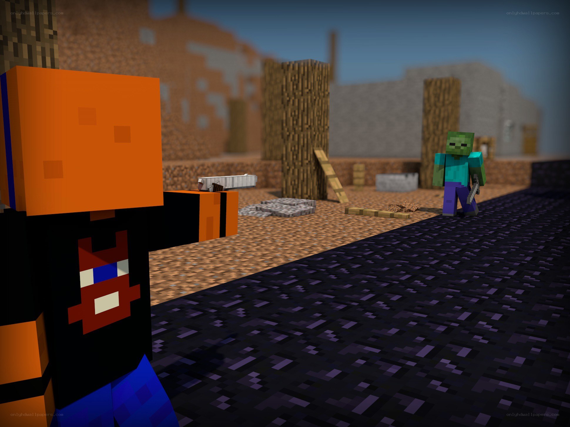 Minecraft character facing zombie