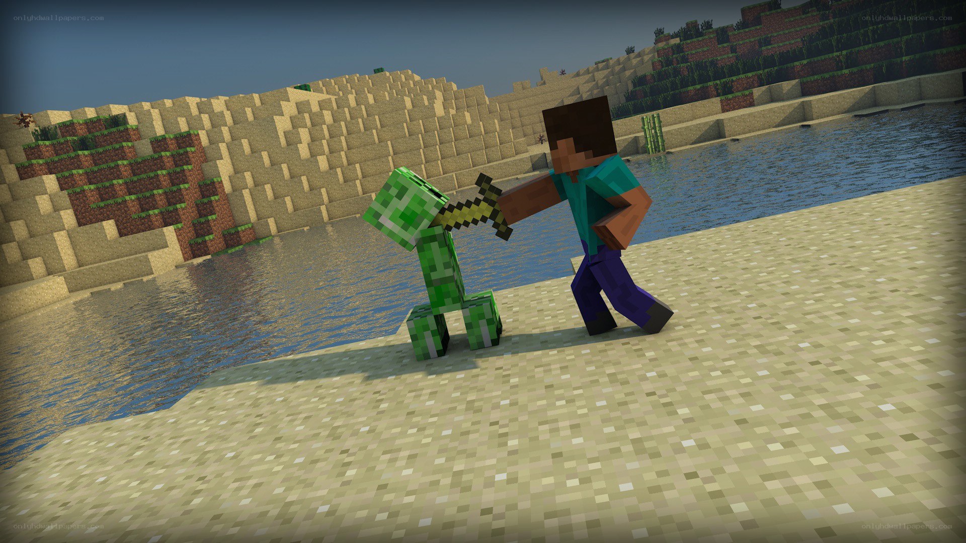 Minecraft character fighting creeper