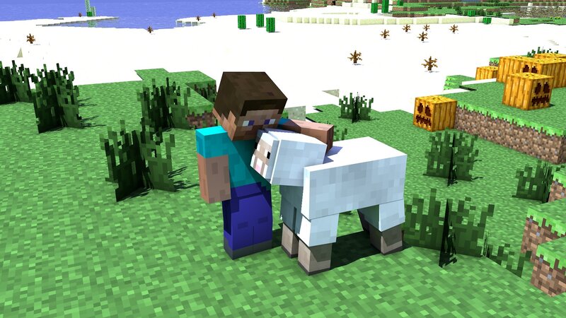 Minecraft character hugging a sheep