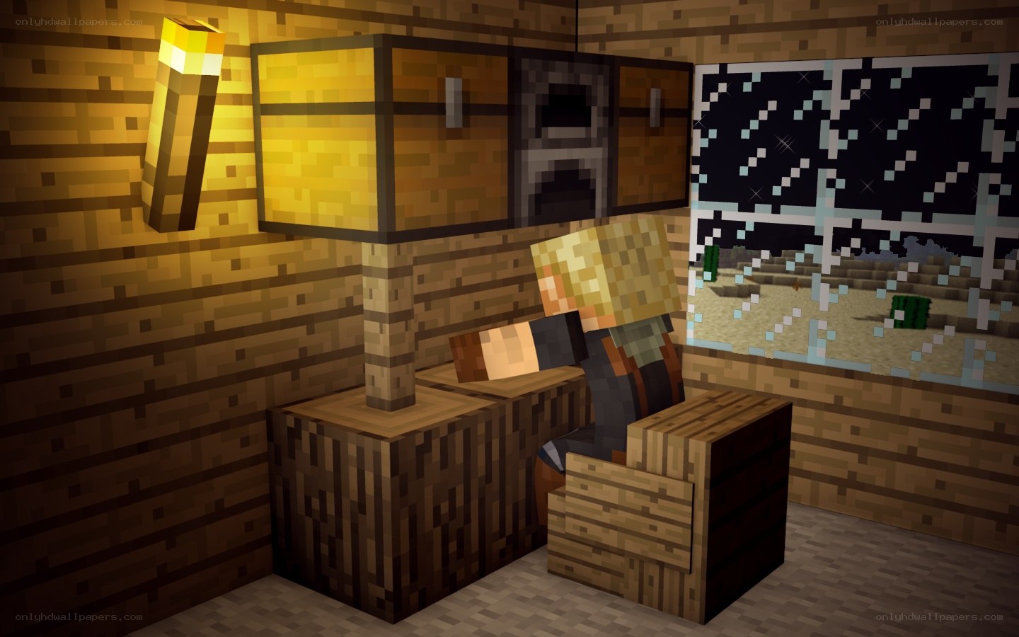 Minecraft character in cozy room