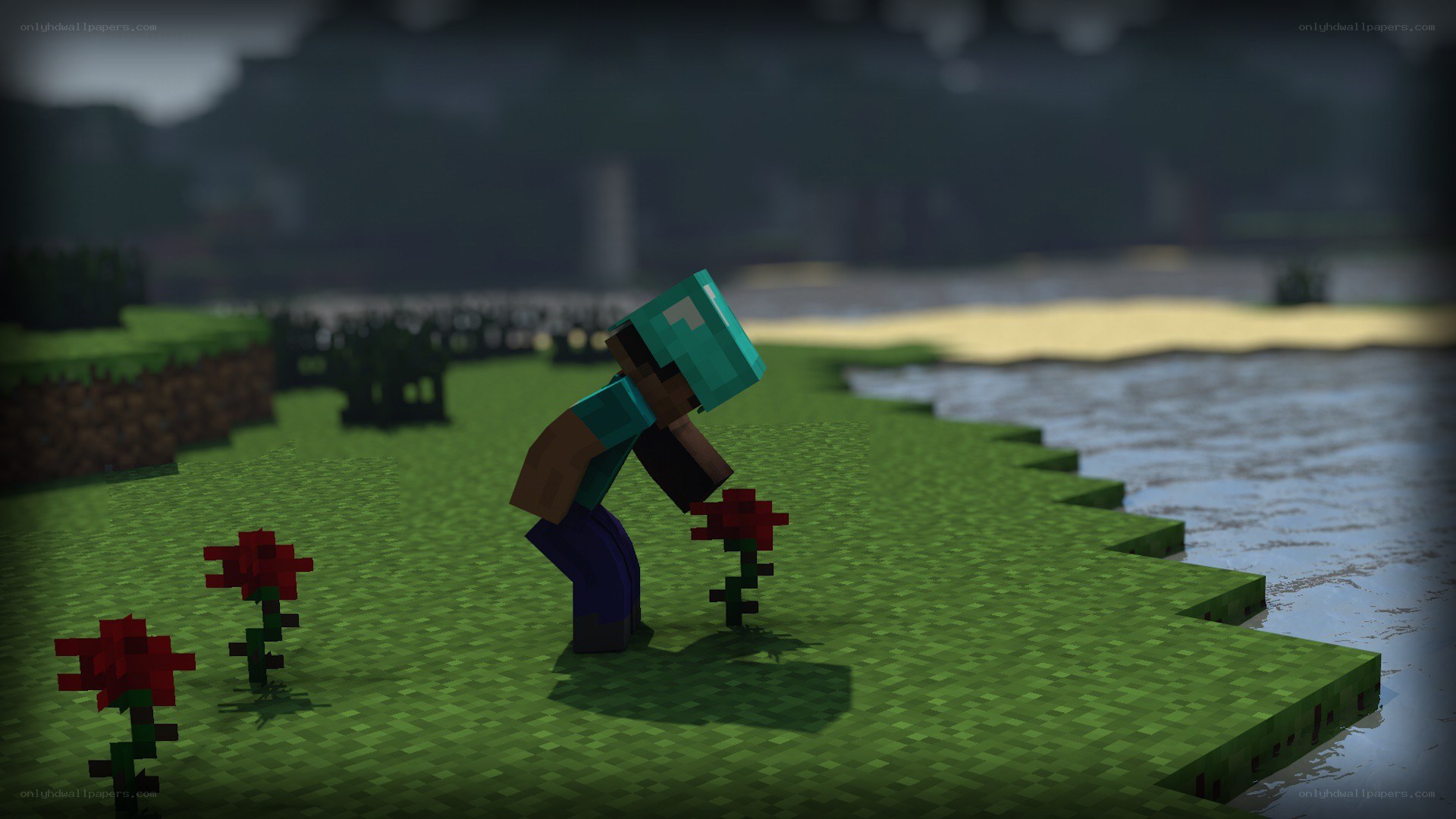 Minecraft character in rainy landscape