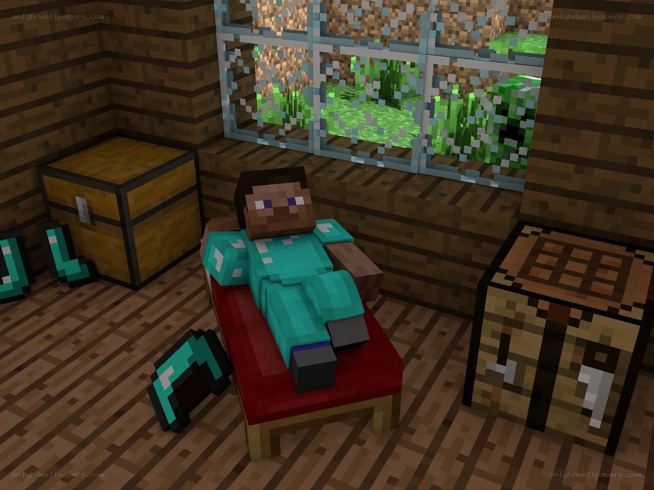 Minecraft character resting in a house