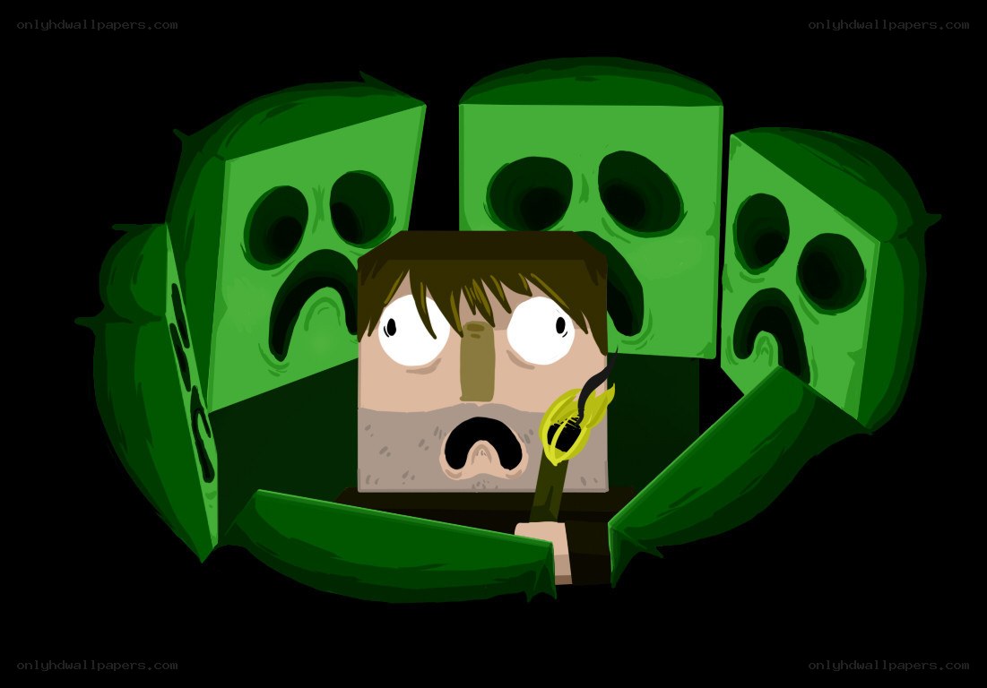 Minecraft character surrounded by creepers